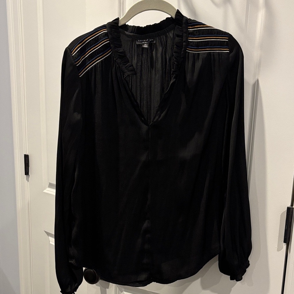 Current Air Black Blouse with Ruffled V-Neck